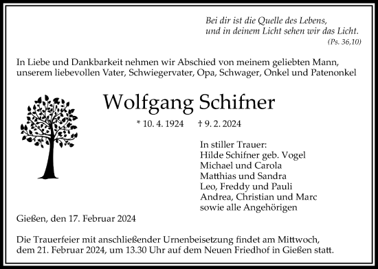 Traueranzeige von Wolfgang Schifner von Alsfelder Allgemeine, Giessener Anzeiger, Giessener Allgemeine
