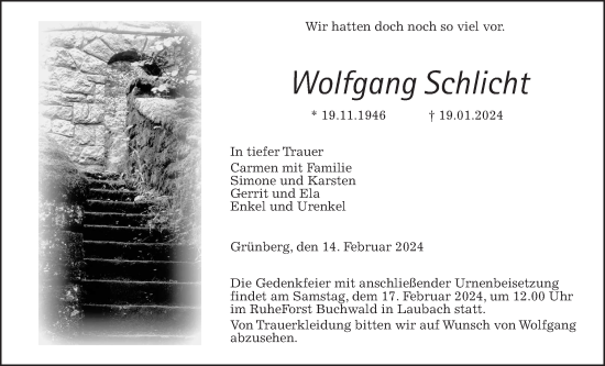 Traueranzeige von Wolfgang Schlicht von Giessener Allgemeine, Alsfelder Allgemeine