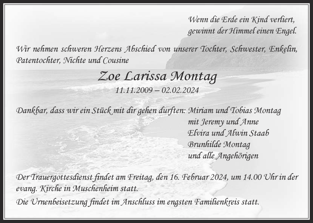  Traueranzeige für Zoe Larissa Montag vom 08.02.2024 aus Licher Wochenblatt