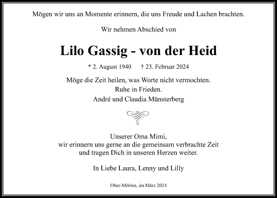 Traueranzeige von Lilo Gassig - von der Heid  
