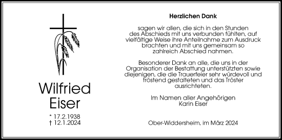 Traueranzeige von Wilfried Eiser von Kreis-Anzeiger