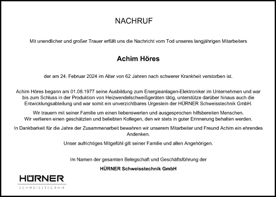 Traueranzeige von Achim Höres von Giessener Allgemeine, Alsfelder Allgemeine, Mücker Stimme