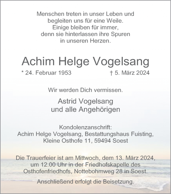 Traueranzeige von Achim Helge Vogelsang von Giessener Anzeiger