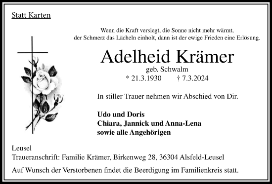 Traueranzeige von Adelheid Krämer von Oberhessische Zeitung