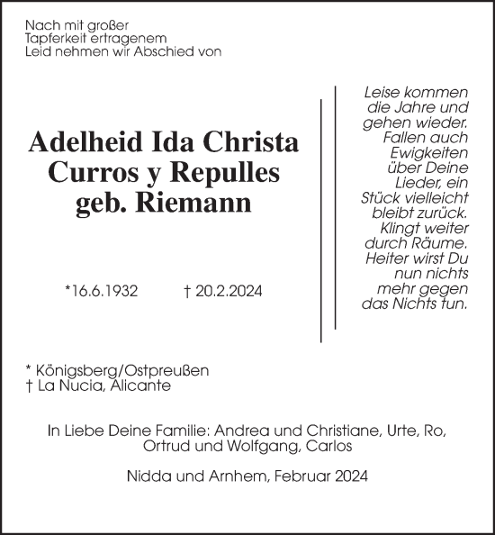Traueranzeige von Adelheid Ida Christa Curros y Repulles von Giessener Allgemeine, Alsfelder Allgemeine