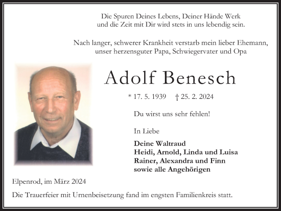 Traueranzeige von Adolf Benesch von Oberhessische Zeitung, Alsfelder Allgemeine