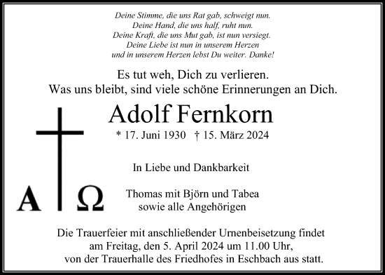 Traueranzeige von Adolf Fernkorn von Usinger Anzeiger