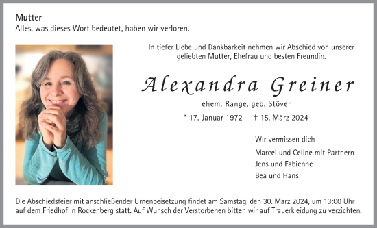Traueranzeige von Alexandra Greiner von Wetterauer Zeitung