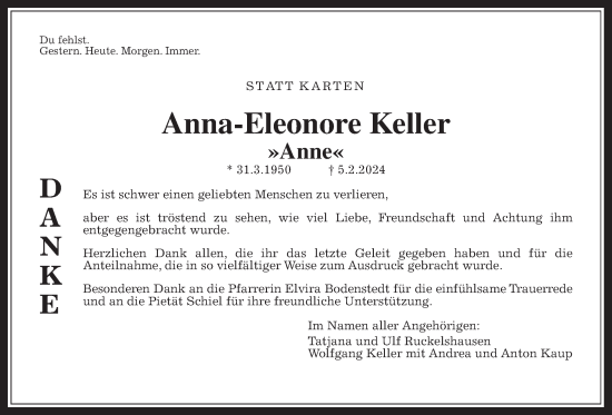 Traueranzeige von Anna-Eleonore Keller von Licher Wochenblatt