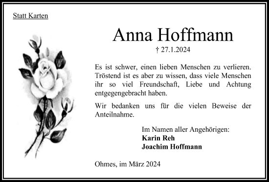 Traueranzeige von Anna Hoffmann von Oberhessische Zeitung