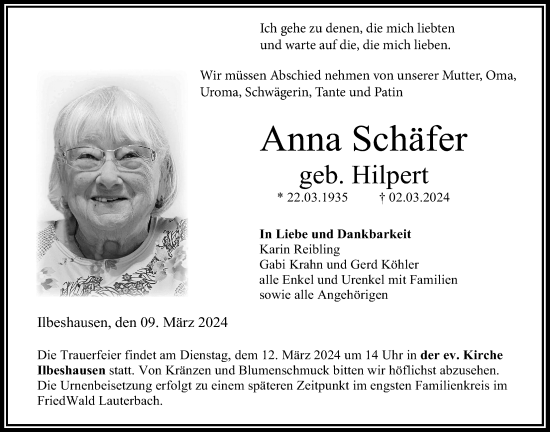 Traueranzeige von Anna Schäfer von Lauterbacher Anzeiger, Oberhessische Zeitung
