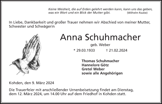 Traueranzeige von Anna Schuhmacher von Kreis-Anzeiger