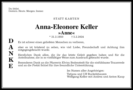 Traueranzeige von Anne-Eleonore Keller von Giessener Anzeiger, Giessener Allgemeine, Alsfelder Allgemeine