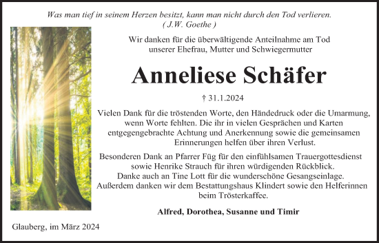 Traueranzeige von Anneliese Schäfer von Kreis-Anzeiger