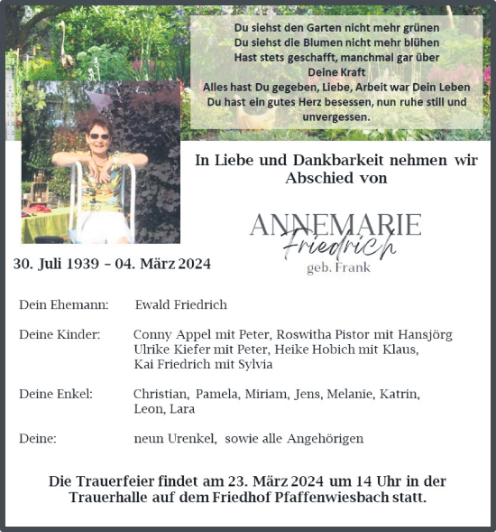 Traueranzeige von Annemarie Friedrich von Usinger Anzeiger, Usinger Anzeigenblatt