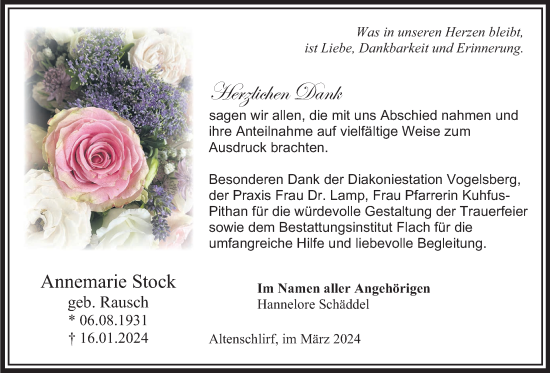 Traueranzeige von Annemarie Stock von Lauterbacher Anzeiger