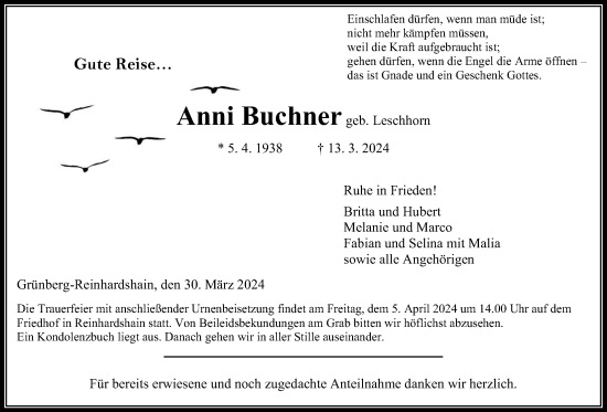 Traueranzeige von Anni Buchner von Giessener Allgemeine, Alsfelder Allgemeine