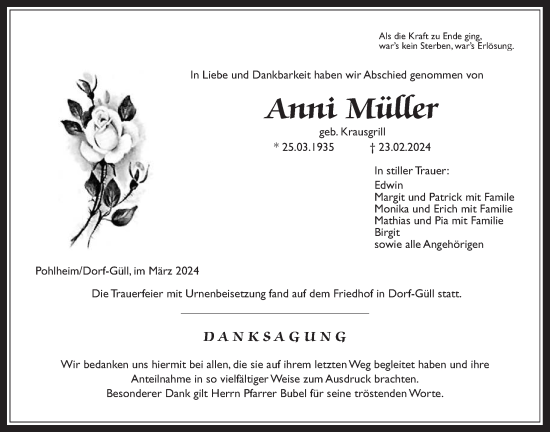 Traueranzeige von Anni Müller von Giessener Anzeiger