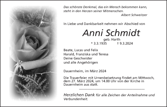Traueranzeige von Anni Schmidt von Kreis-Anzeiger