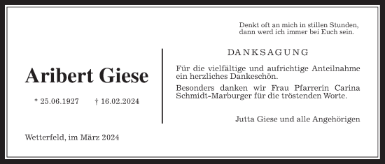Traueranzeige von Aribert Giese von Laubacher Anzeiger