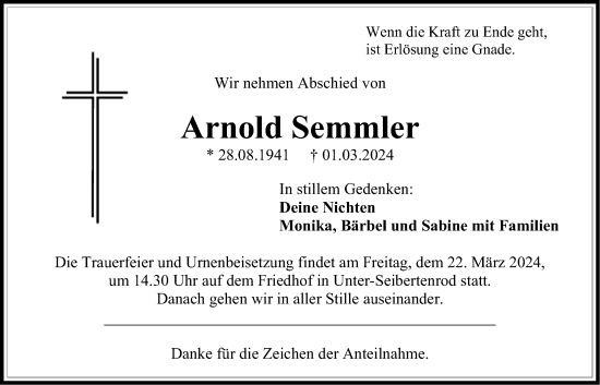 Traueranzeige von Arnold Semmler von Oberhessische Zeitung, Alsfelder Allgemeine