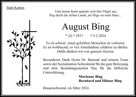 Traueranzeige von August Bing von Oberhessische Zeitung