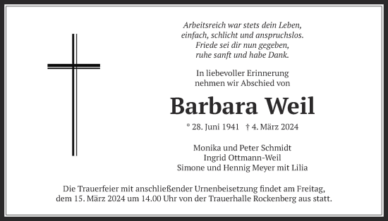 Traueranzeige von Barbara Weil von Butzbacher Zeitung