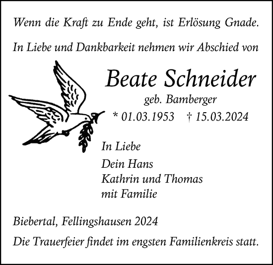 Traueranzeige von Beate Schneider von Giessener Anzeiger