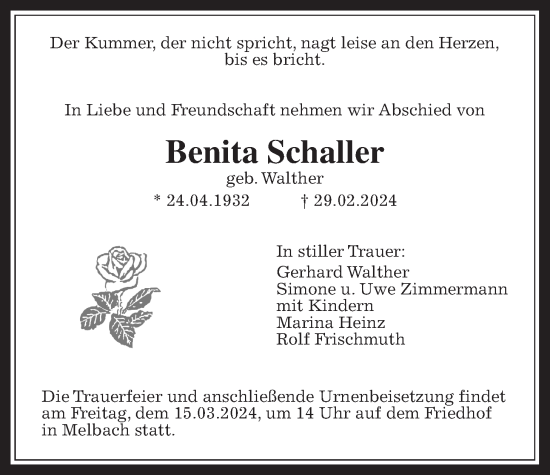 Traueranzeige von Benita Schaller von Wetterauer Zeitung
