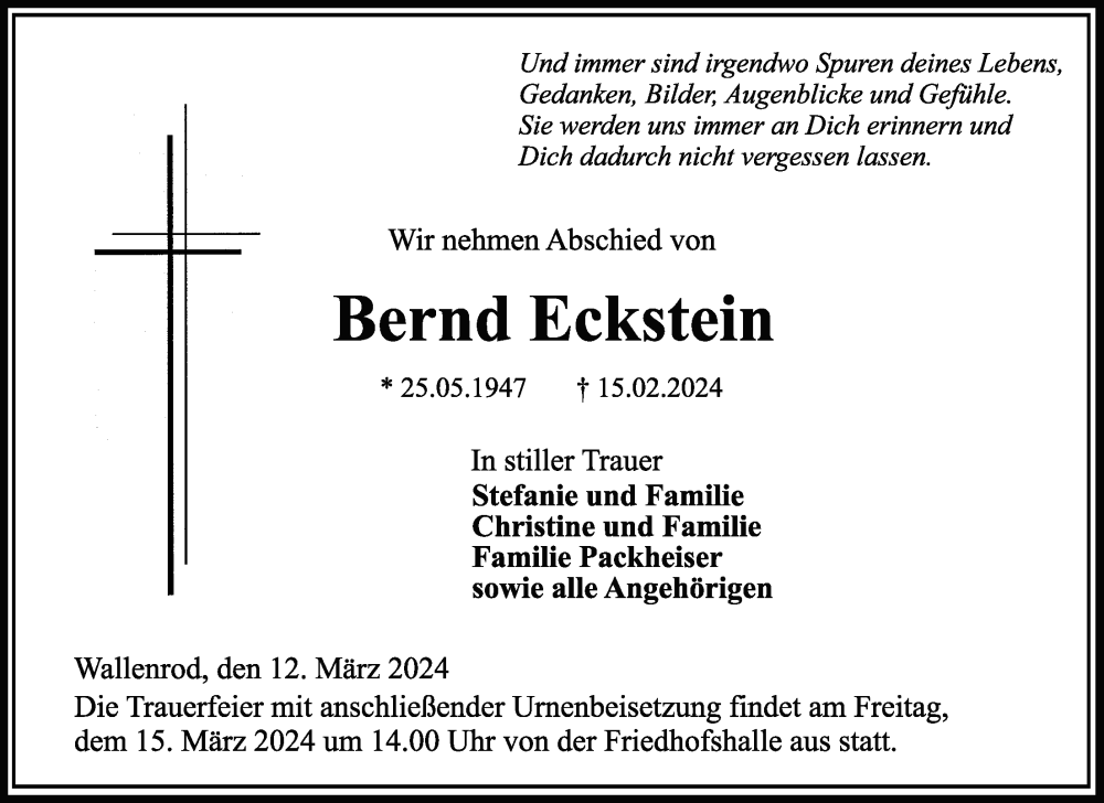  Traueranzeige für Bernd Eckstein vom 12.03.2024 aus Lauterbacher Anzeiger