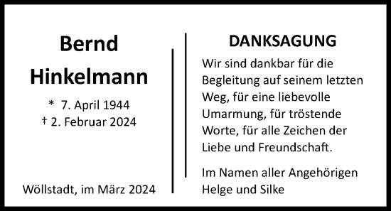 Traueranzeige von Bernd Hinkelmann von Wetterauer Zeitung, 