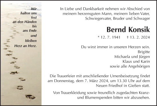 Traueranzeige von Bernd Konsik von Giessener Anzeiger, Giessener Allgemeine, Alsfelder Allgemeine