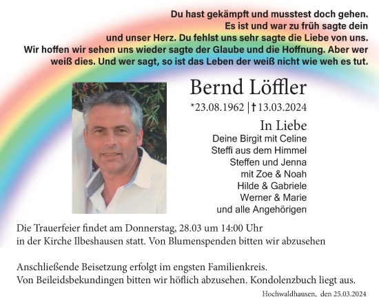 Traueranzeige von Bernd Löffler von Lauterbacher Anzeiger
