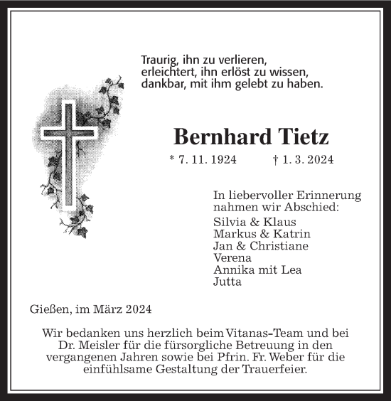Traueranzeige von Bernhard Tietz von Giessener Allgemeine, Alsfelder Allgemeine