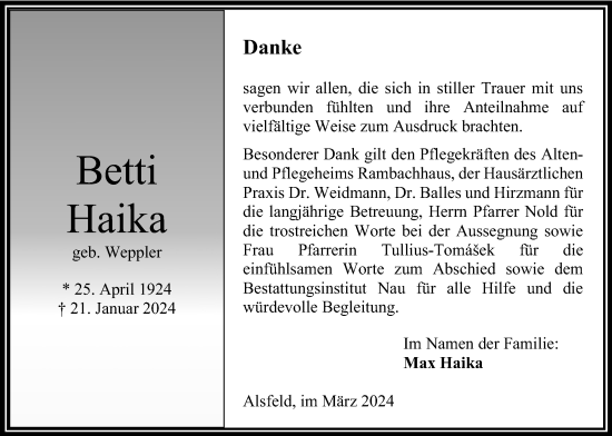 Traueranzeige von Betti Haika von Oberhessische Zeitung