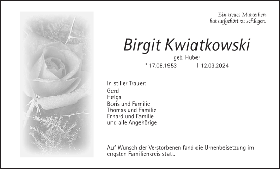 Traueranzeige von Birgit Kwiatkowski von Wetterauer Zeitung
