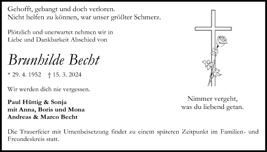 Traueranzeige von Brunhilde Becht von Kreis-Anzeiger