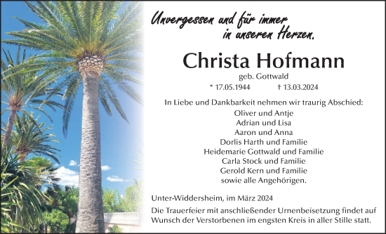 Traueranzeige von Christa Hofmann von Kreis-Anzeiger