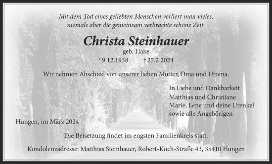 Traueranzeige von Christa Steinhauer von Licher Wochenblatt