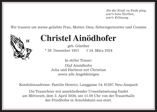 Traueranzeige von Christel Ainödhofer von Usinger Anzeiger