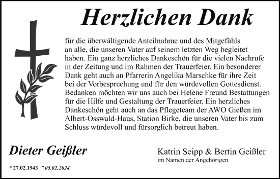 Traueranzeige von Dieter Geißler von Giessener Allgemeine, Alsfelder Allgemeine, Giessener Anzeiger