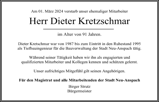Traueranzeige von Dieter Kretschmar von Usinger Anzeiger