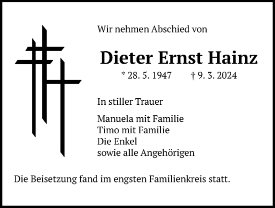 Traueranzeige von Dieter Ernst Hainz von Kreis-Anzeiger