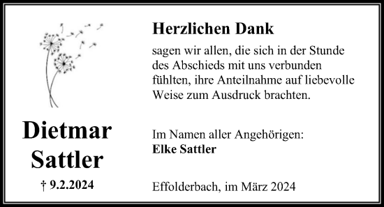 Traueranzeige von Dietmar Sattler von Kreis-Anzeiger