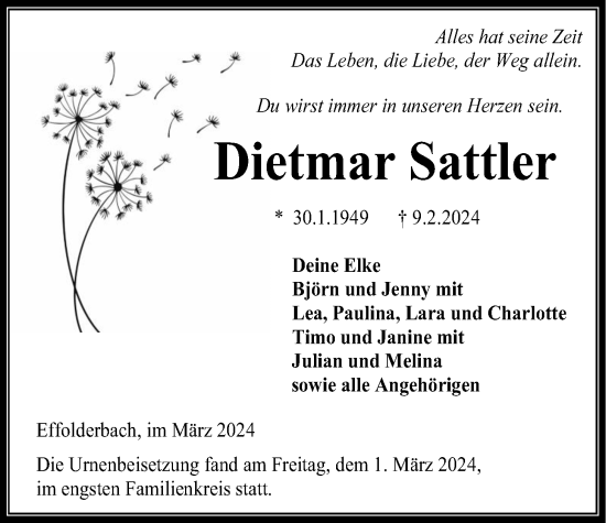 Traueranzeige von Dietmar Sattler von Kreis-Anzeiger