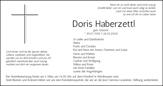 Traueranzeige von Doris Haberzettl von Oberhessische Zeitung, Alsfelder Allgemeine, Lauterbacher Anzeiger