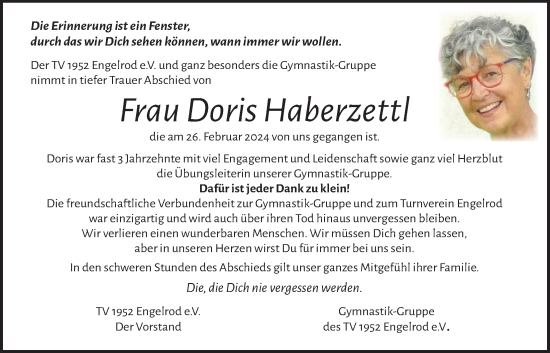 Traueranzeige von Doris Haberzettl von Lauterbacher Anzeiger, Oberhessische Zeitung, 