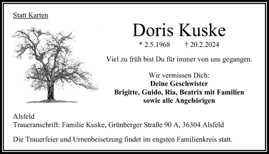 Traueranzeige von Doris Kuske von Oberhessische Zeitung