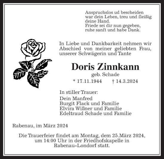 Traueranzeige von Doris Zinnkann von Giessener Allgemeine, Alsfelder Allgemeine