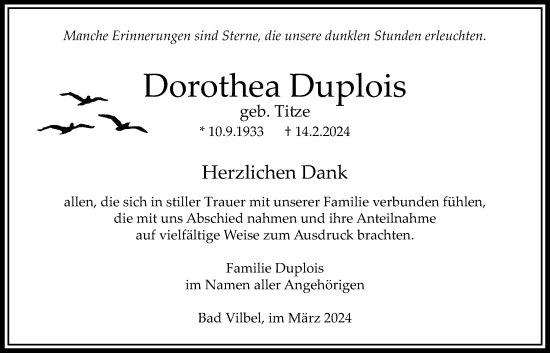Traueranzeige von Dorothea Duplois von Bad Vilbel/Karben